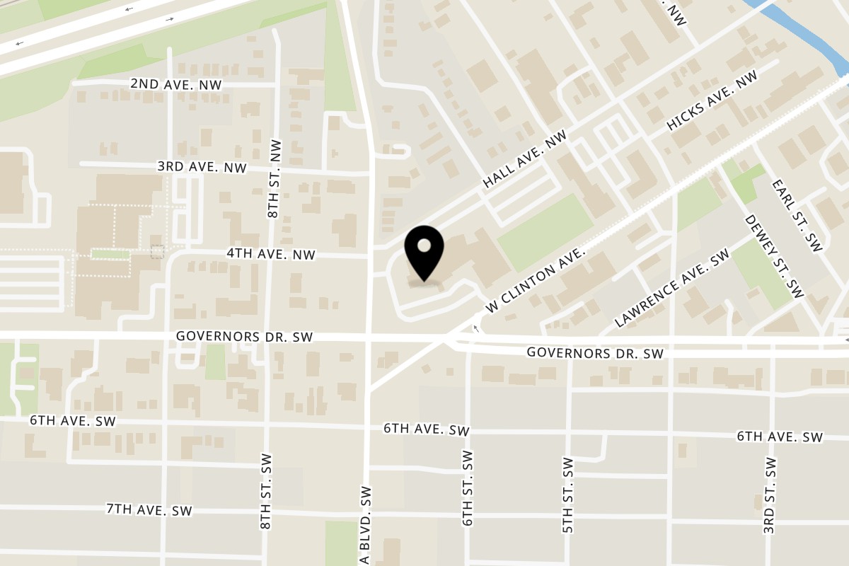 Map showing the location of Hops N Guac on 2620 Clinton Ave W Suite B in Huntsville